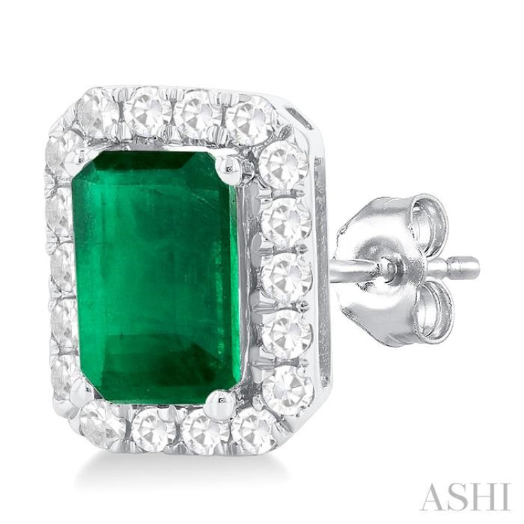 6x4 MM Octagonal Shape Emerald and 1/4 Ctw Round Cut Diamond Halo Precious Stud Earrings in 10K White Gold