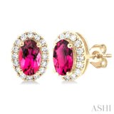 5x3 MM Oval Shape Pink Tourmaline and 1/8 Ctw Single Cut Diamond Halo Semi-Precious Stud Earrings in 14K Yellow Gold