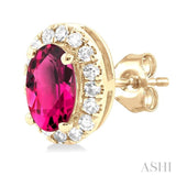 5x3 MM Oval Shape Pink Tourmaline and 1/8 Ctw Single Cut Diamond Halo Semi-Precious Stud Earrings in 14K Yellow Gold