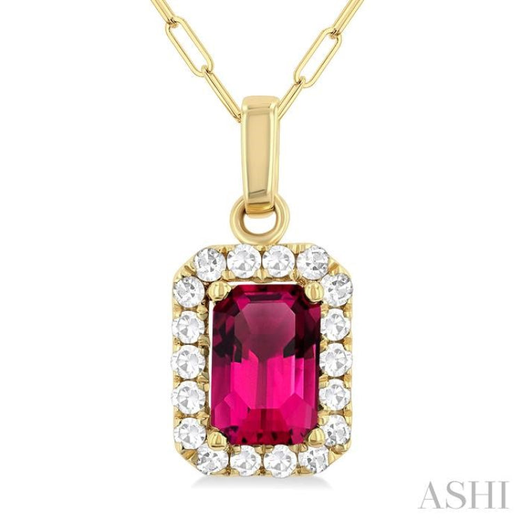 6x4 MM Octagonal Shape Pink Tourmaline and 1/6 Ctw Round Cut Diamond Halo Semi-Precious Pendant with Chain in 14K Yellow Gold