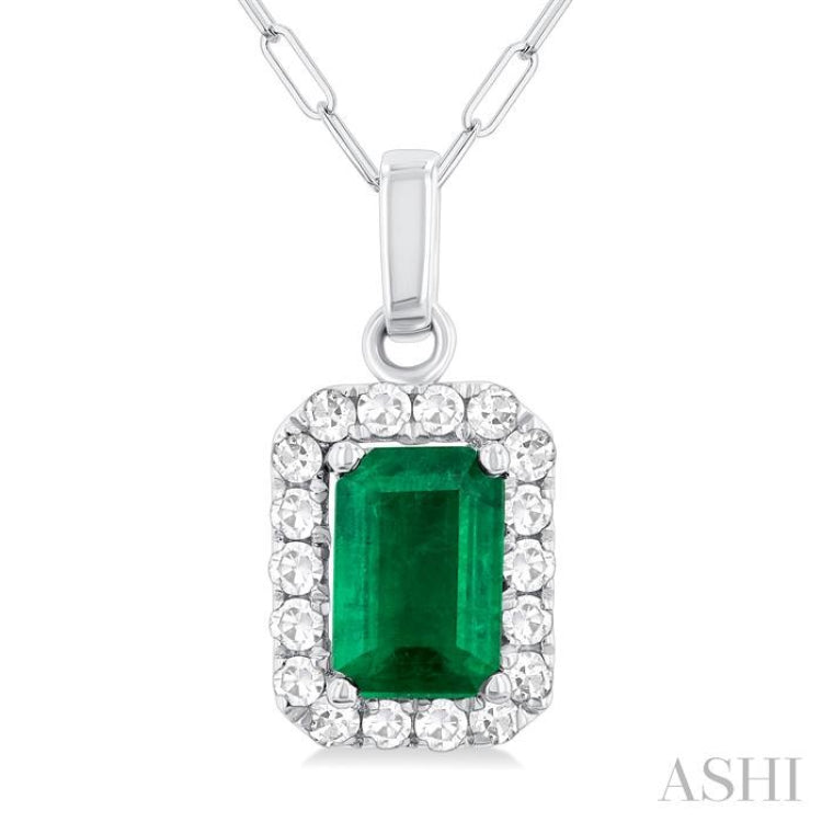6x4 MM Octagonal Shape Emerald and 1/6 Ctw Round Cut Diamond Halo Precious Pendant with Chain in 14K White Gold