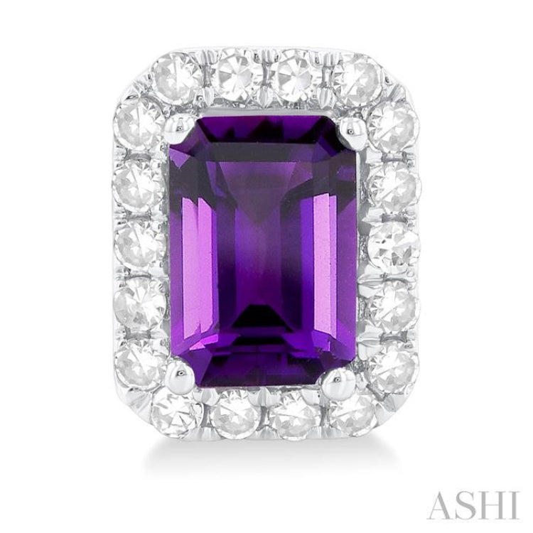 6x4 MM Octagonal Shape Amethyst and 1/4 Ctw Round Cut Diamond Halo Semi-Precious Stud Earrings in 14K White Gold