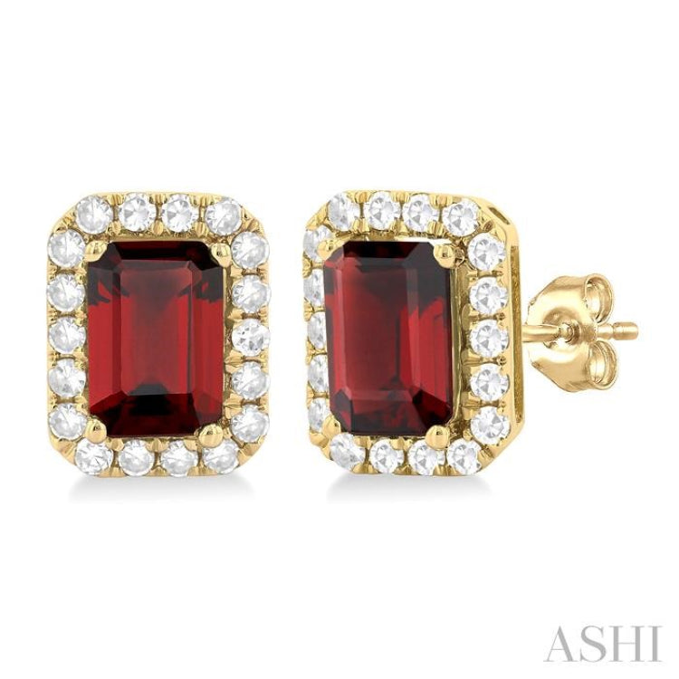 6x4 MM Octagonal Shape Garnet and 1/4 Ctw Round Cut Diamond Halo Semi-Precious Stud Earrings in 14K Yellow Gold