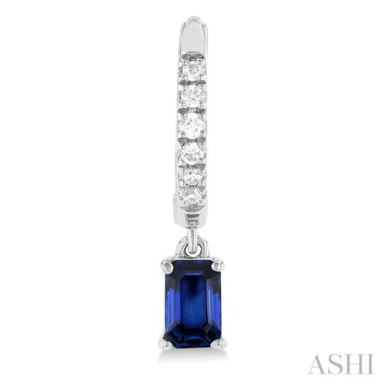 5x3 MM Emerald Cut Drop Sapphire and 1/8 Ctw Petite Round Cut Diamond Precious Fashion Huggies in 10K White Gold