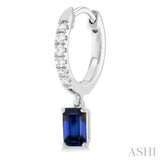 5x3 MM Emerald Cut Drop Sapphire and 1/8 Ctw Petite Round Cut Diamond Precious Fashion Huggies in 10K White Gold