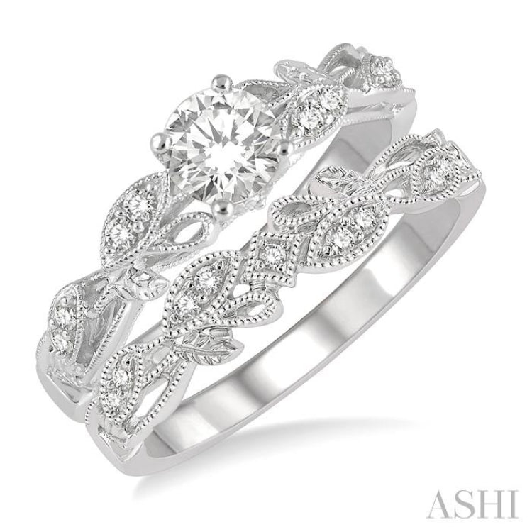 3/8 Ctw Leaf Lattice Diamond Wedding Set With 1/3 Ctw Round Cut Engagement Ring and 1/20 Ctw Wedding Band in 14K White Gold