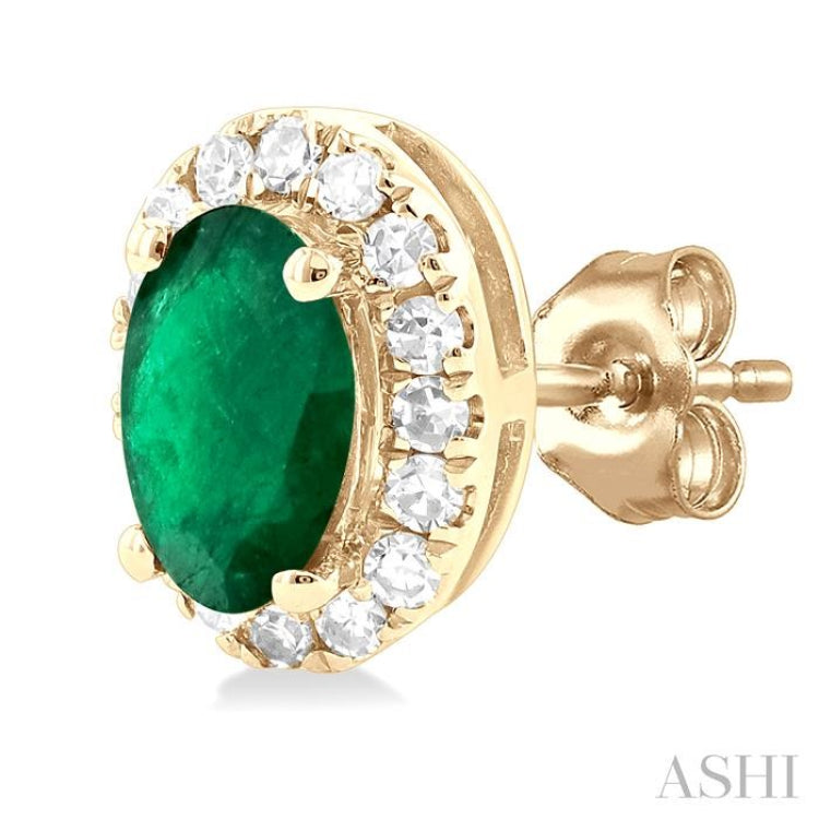 5x3 MM Oval Shape Emerald and 1/8 Ctw Single Cut Diamond Halo Precious Stud Earrings in 14K Yellow Gold