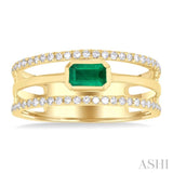 5x3 MM East- West Emerald and 1/4 Ctw Single Cut Diamond Triple Split Precious Ring in 10K Yellow Gold