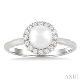 6 MM White Cultured Pearl and 1/6 Ctw Round Cut Diamond Halo Ring in 14K White Gold