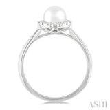 6 MM White Cultured Pearl and 1/6 Ctw Round Cut Diamond Halo Ring in 14K White Gold