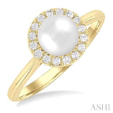 6 MM White Cultured Pearl and 1/6 Ctw Round Cut Diamond Halo Ring in 10K Yellow Gold