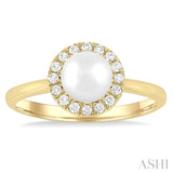 6 MM White Cultured Pearl and 1/6 Ctw Round Cut Diamond Halo Ring in 10K Yellow Gold