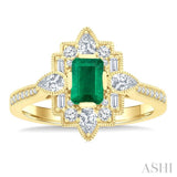 6X4 MM Octagon Cut Emerald and 5/8 Ctw Art Deco Mixed Diamond Cut Precious Fashion Ring in 14K Yellow Gold