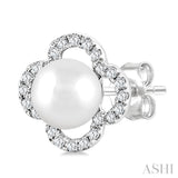 5 MM Cultured Pearl and 1/6 Ctw Round Cut Diamond Clover Petite Fashion Earrings in 10K White Gold