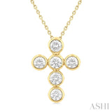 1 1/2 Ctw Round Cut Diamond 6-Stone Bezel Set Cross Pendant With Chain in 14K Yellow Gold