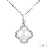 6 MM Cultured Pearl and 1/10 Ctw Round Cut Diamond Clover Petite Fashion Pendant With Chain in 10K White Gold