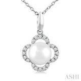 6 MM Cultured Pearl and 1/10 Ctw Single Cut Diamond Clover Petite Fashion Pendant With Chain in 10K White Gold