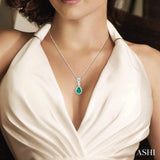 6x4 MM Oval Cut Emerald and 1/10 Ctw Round Cut Diamond Pendant in 14K White Gold with Chain