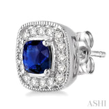 4x4 MM Cushion Shape Sapphire and 1/5 Ctw Round Cut Diamond Earrings in 14K White Gold