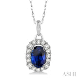 6x4 MM Oval Cut Sapphire and 1/6 Ctw Round Cut Diamond Precious Pendant in 14K White Gold with Chain