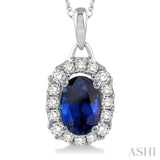 6x4 MM Oval Cut Sapphire and 1/6 Ctw Round Cut Diamond Precious Pendant in 14K White Gold with Chain