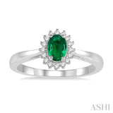 6X4 MM Oval Cut Emerald Center and 1/8 Ctw Round Cut Diamond Halo Precious Stone Ring in 10K White Gold