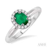 6x4 MM Oval Shape Emerald and 1/6 Ctw Round Cut Diamond Precious Ring in 14K White Gold