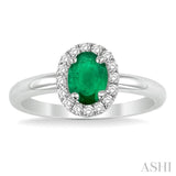 6x4 MM Oval Shape Emerald and 1/6 Ctw Round Cut Diamond Precious Ring in 14K White Gold