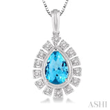 9x6 MM Pear Shape Blue Topaz and 1/10 Ctw Round Cut Diamond Semi-Precious Pendant With Chain in 10K White Gold