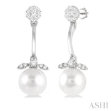 7 MM Cultured White Pearl and 1/4 Ctw Lovebright Round Cut Diamond Fashion Earrings in 14K White Gold