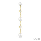 4 MM, 5 MM & 6 MM Round Shape Cultured Pearls and 1/10 Ctw Round Cut Diamond Station Long Earring in 14K Yellow Gold