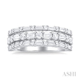 1 1/2 Ctw Triple Row Emerald, Baguette and Round Cut Diamond Fashion Band in 14K White Gold