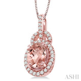 8x6 MM Oval Cut Morganite and 1/4 Ctw Round Cut Diamond Pendant in 14K Rose Gold with Chain