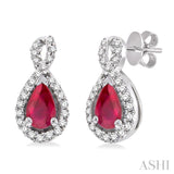 5x3 MM Pear Shape Ruby and 1/6 Ctw Round Cut Diamond Earrings in 14K White Gold