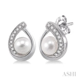 6x6 MM Round Shape Cultured Pearls and 1/10 Ctw Round Cut Diamond Earrings in 14K White Gold