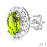 5x3 MM Oval Shape Peridot and 1/8 Ctw Single Cut Diamond Halo Semi-Precious Stud Earrings in 10K White Gold