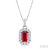 5x3 MM Octagonal Shape Ruby and 1/20 Ctw Single Cut Diamond Halo Precious Pendant with Chain in 10K White Gold