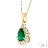 5x3 MM Pear Shape Emerald and 1/20 Ctw Single Cut Diamond Halo Precious Pendant with Chain in 10K Yellow Gold