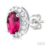 5x3 MM Oval Shape Pink Tourmaline and 1/8 Ctw Single Cut Diamond Halo Semi-Precious Stud Earrings in 14K White Gold