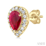 5x3 MM Pear Shape Ruby and 1/8 Ctw Single Cut Diamond Halo Precious Stud Earrings in 10K Yellow Gold