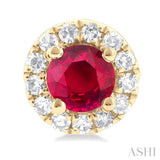 3.25 MM Round Ruby and 1/10 Ctw Single Cut Diamond Halo Precious Stud Earrings in 10K Yellow Gold