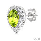 5x3 MM Pear Shape Peridot and 1/8 Ctw Single Cut Diamond Halo Semi-Precious Stud Earrings in 10K White Gold