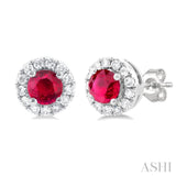 3.25 MM Round Ruby and 1/10 Ctw Single Cut Diamond Halo Precious Stud Earrings in 10K White Gold