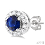3.25 MM Round Sapphire and 1/10 Ctw Single Cut Diamond Halo Precious Stud Earrings in 10K White Gold