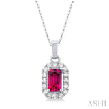5x3 MM Octagonal Shape Pink Tourmaline and 1/20 Ctw Single Cut Diamond Halo Semi-Precious Pendant with Chain in 10K White Gold