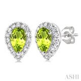 5x3 MM Pear Shape Peridot and 1/8 Ctw Single Cut Diamond Halo Semi-Precious Stud Earrings in 14K White Gold