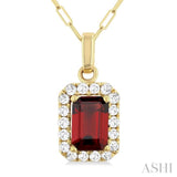 6x4 MM Octagonal Shape Garnet and 1/6 Ctw Round Cut Diamond Halo Semi-Precious Pendant with Chain in 10K Yellow Gold