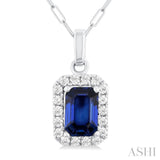 6x4 MM Octagonal Shape Sapphire and 1/6 Ctw Round Cut Diamond Halo Precious Pendant with Chain in 10K White Gold