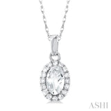 5x3 MM Oval Shape White Topaz and 1/20 Ctw Single Cut Diamond Halo Semi-Precious Pendant with Chain in 10K White Gold