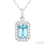 6x4 MM Octagonal Shape Aquamarine and 1/6 Ctw Round Cut Diamond Halo Semi-Precious Pendant with Chain in 14K White Gold